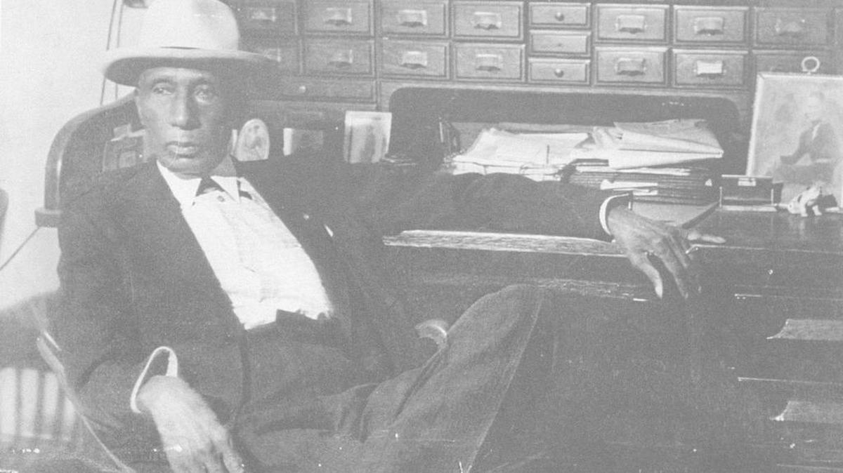 This is a copy of a photo of William “Gooseneck Bill” Madison McDonald on display at the Fort Worth Public Library in downtown Fort Worth. He is described by historians as Texas’ first African-American millionaire.