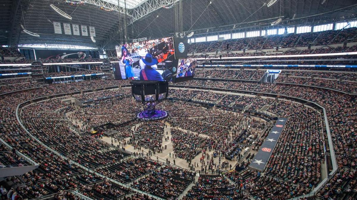 Overview of AT&T Stadium with Asleep at the Wheeel on stage during the George Strait farewell tour June 7, 2014