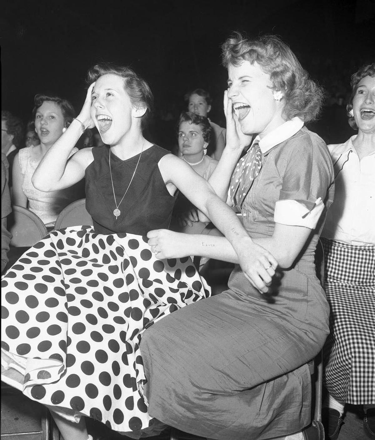 The anniversary of Elvis Presley s untimely death on August 16, 1977, brings back memories of his first appearance in Fort Worth. Elvis performed in two concerts at the North Side Coliseum on Friday, April 20, 1956. The Star-Telegram reported an animalistic roar split the coliseum as Presley sauntered on stage , guitar around his neck. Shrieks rose as Elvis closed his eyes, began his sensual gyrations, and pitched his first number, Let s Play House. An estimated 7,000 ecstatic fans attended the two shows. These two Dallas high school coeds, Georgiana Blaylock and Dolores Orms, etched Elvis name on their forearms.