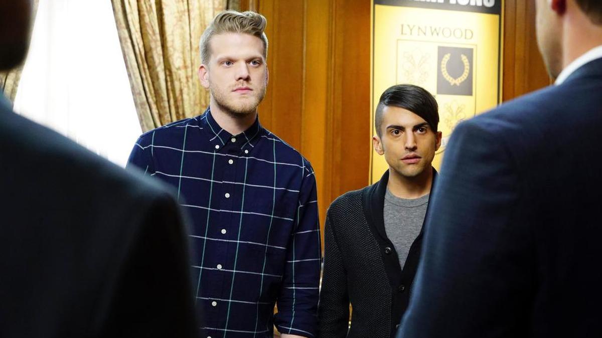 Pentatonix’s Scott Hoying, left, and Mitch Grassi play members of an a cappella group whose leader has been killed in the Bones episode “The Strike in the Chord.” Hoying and Grassi, along with fellow former Arlington resident Kirstin Maldonado (who also appears in the episode) founded the Grammy-winning Pentatonix.
