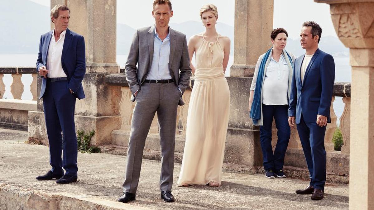 Hugh Laurie as Richard Roper, Tom Hiddleston as Jonathan Pine, Elizabeth Debicki as Jed Marshall, Olivia Colman as Angela Burr and Tom Hollander as Major Corkoran, from left, in “The Night Manager”