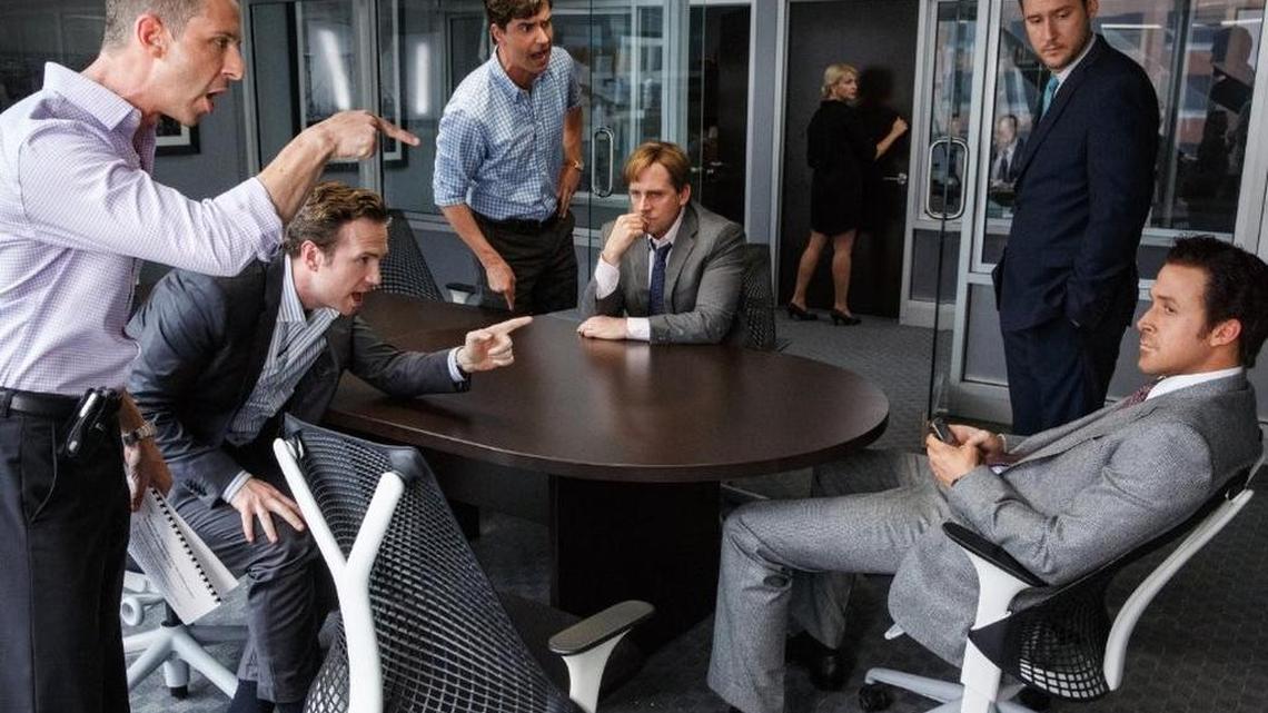 Jeremy Strong, Rafe Spall, Jeffry Griffin, Hamish Linklater, Steve Carell, Jeffry Griffin and Ryan Gosling in ‘The Big Short’