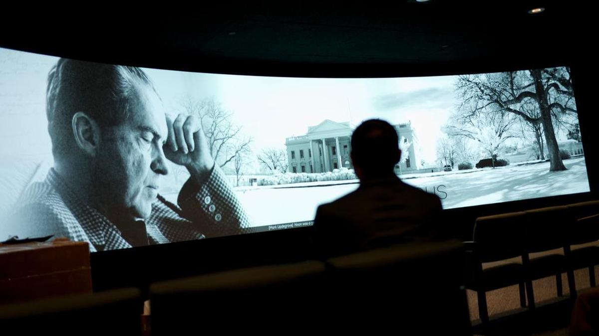 A film at the presidentail library and museum in Yorba Linda, Calif., opens with Nixon’s resignation speech after the Watergate scandal. The updated museum reopened Oct. 14.