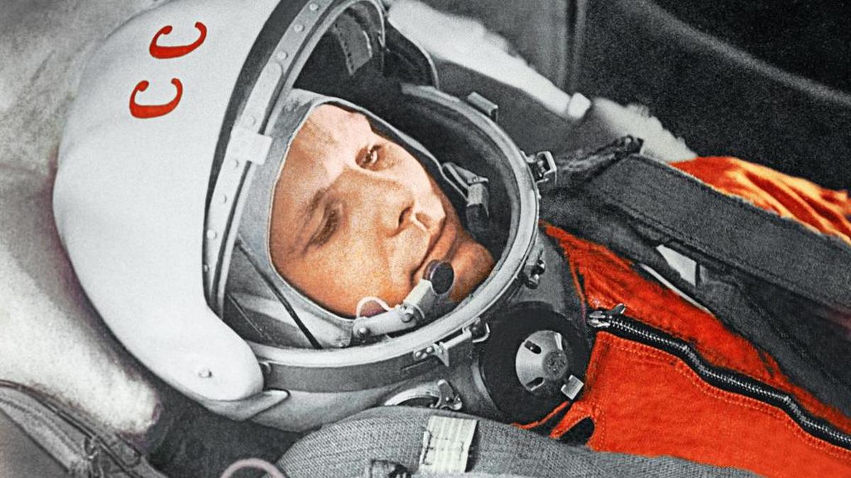 An April 21, 1961 photo of Yuri Gagarin before his space flight aboard the Vostok spacecraft. Gargarin was the first human to travel into outer space. The photo is part of a “Cosmonauts: Birth of the Space Age” exhibit at the Science Museum in London.
