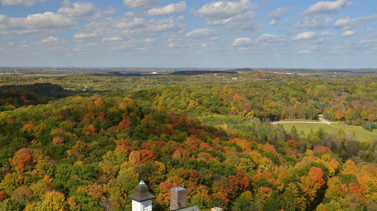 
The view of fall colors stretches to the horizon from the steeple at Holy Hill. 
