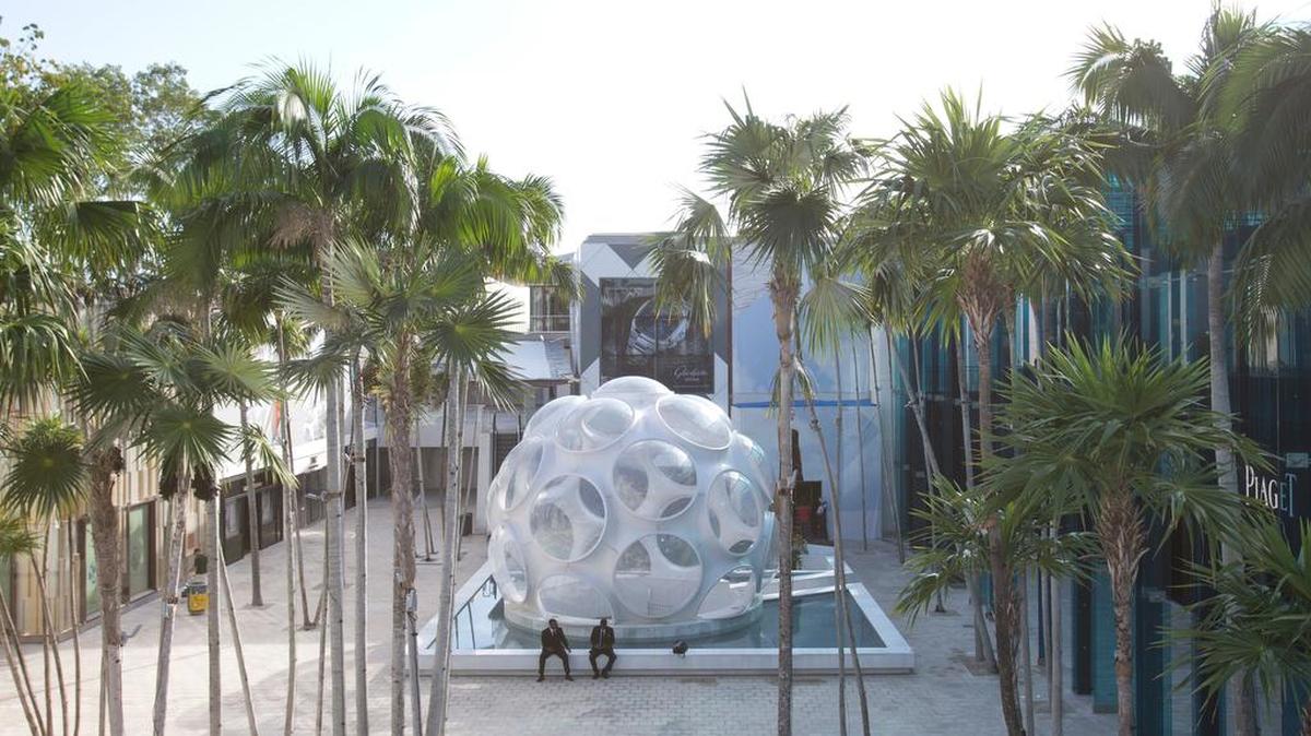 This file photo shows a 24-foot version of inventor Buckminster Fuller’s Fly’s Eye Dome on display in Miami's Design District. A 50-foot version is to be installed on the grounds of the Crystal Bridges Museum of American Art in Bentonville, Ark., this summer.
