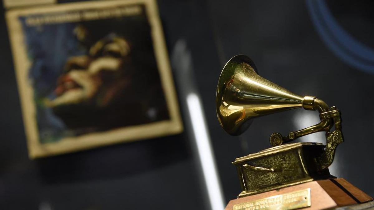 Ella Fitzgerald’s Grammy for best female vocal performance, awarded in 1958, is displayed at a sneak preview of “Ella at 100: Celebrating the Artistry of Ella Fitzgerald” at the Grammy Museum.