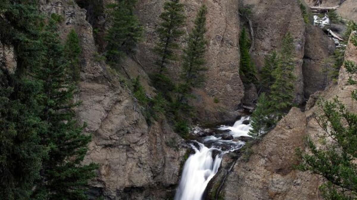 
Tower Fall presents a long cascade of water falling from the base of pinnacles and towers in Yellowstone National Park.
