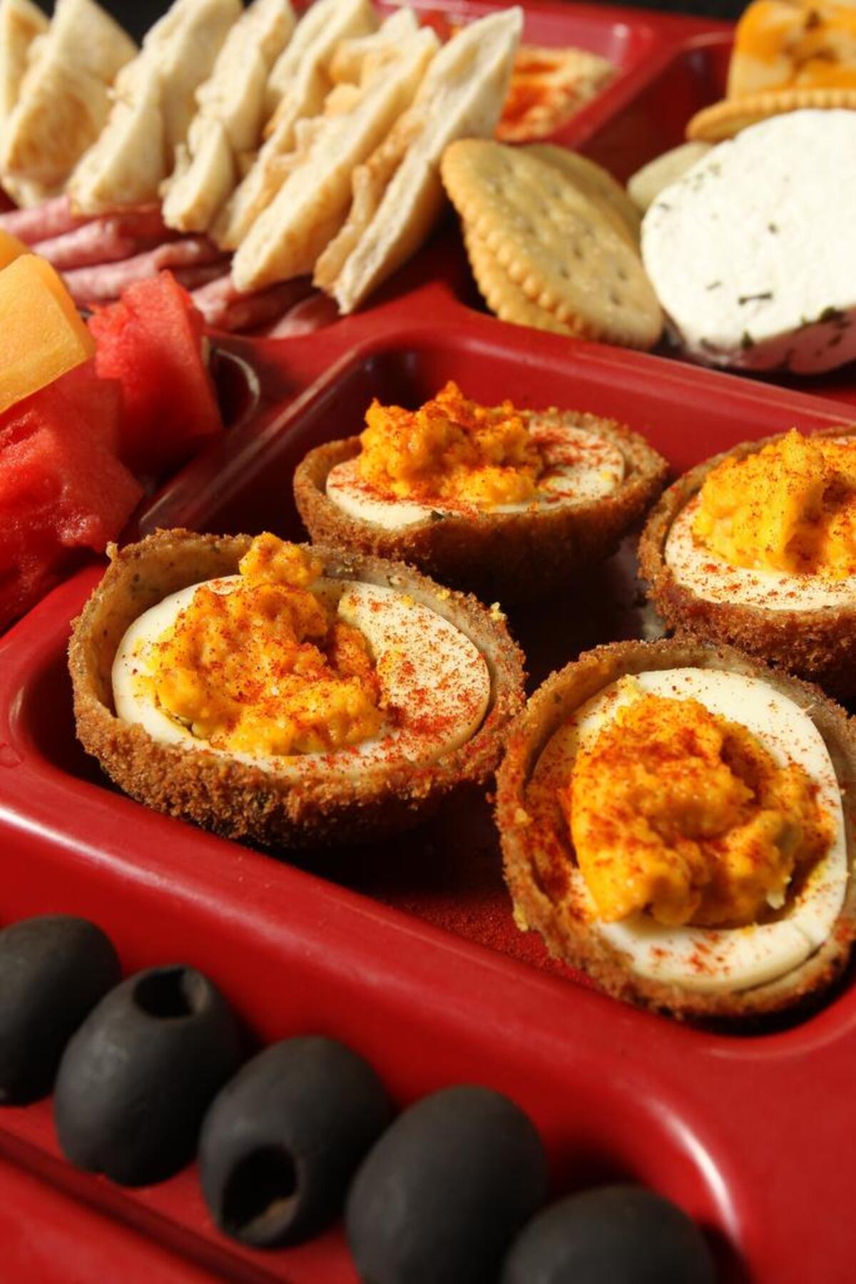 The Trucker Plate: an assortment of cheeses, hummus, pita, crachers fried deviled eggs, Boar's Head hard salami and fruit from Barcadia in Fort Worth