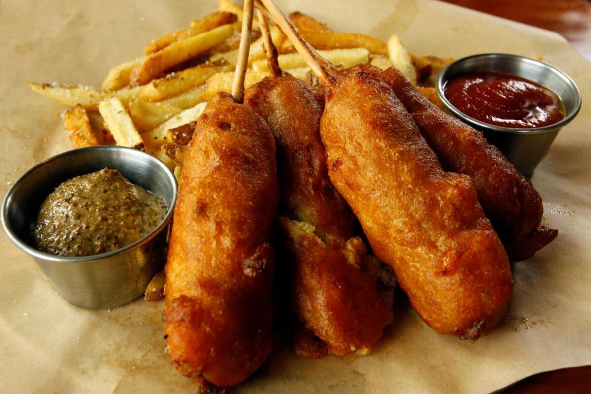 Mini beer brat corny dogs with fries from the Bearded Lady