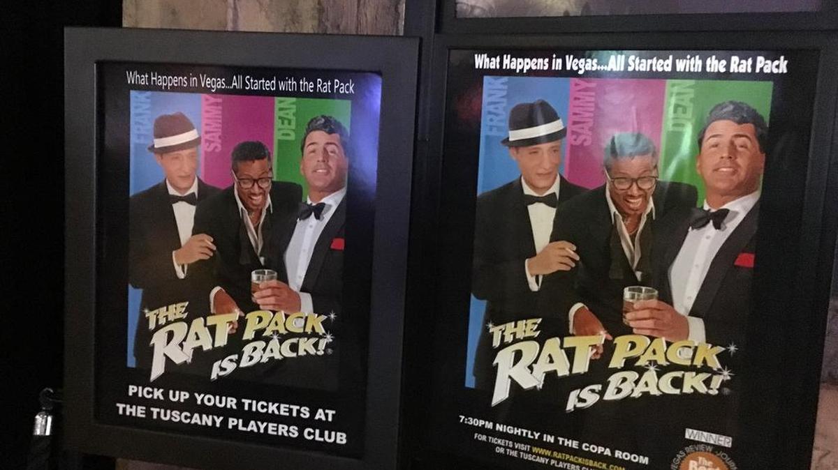 In this Aug. 12, 2016, photo, posters advertising an upcoming Rat Pack tribute show is shown at the Tuscany Suites and Casino in Las Vegas.