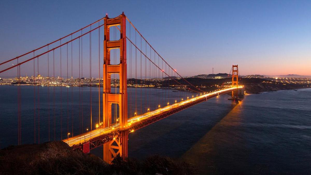San Francisco’s Golden Gate Bridge as seen from Battery Spencer at Fort Baker in the Golden Gate National Recreation Area just after sunset.