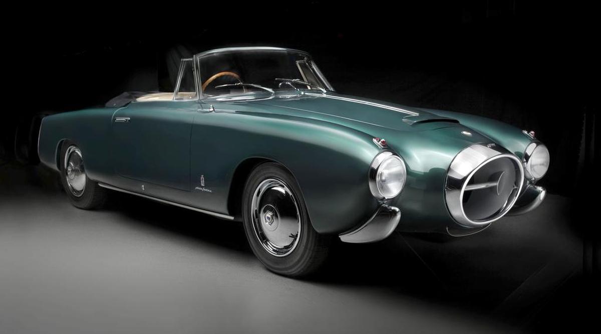 A 1952 Lancia B52 Aurelia PF200 Spider is part of the exhibition at the Frist Center in Nashville.