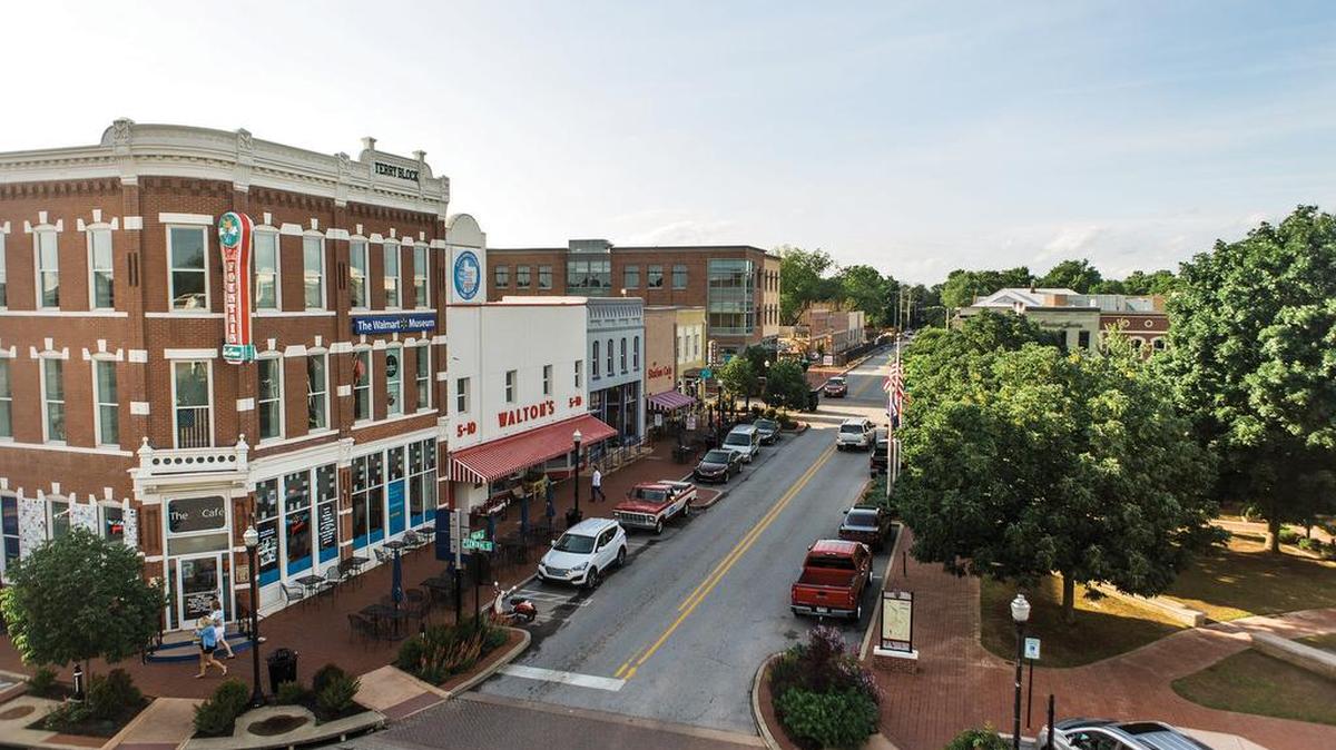 The Wal-Mart Museum anchors a corner of Bentonville’s town square.