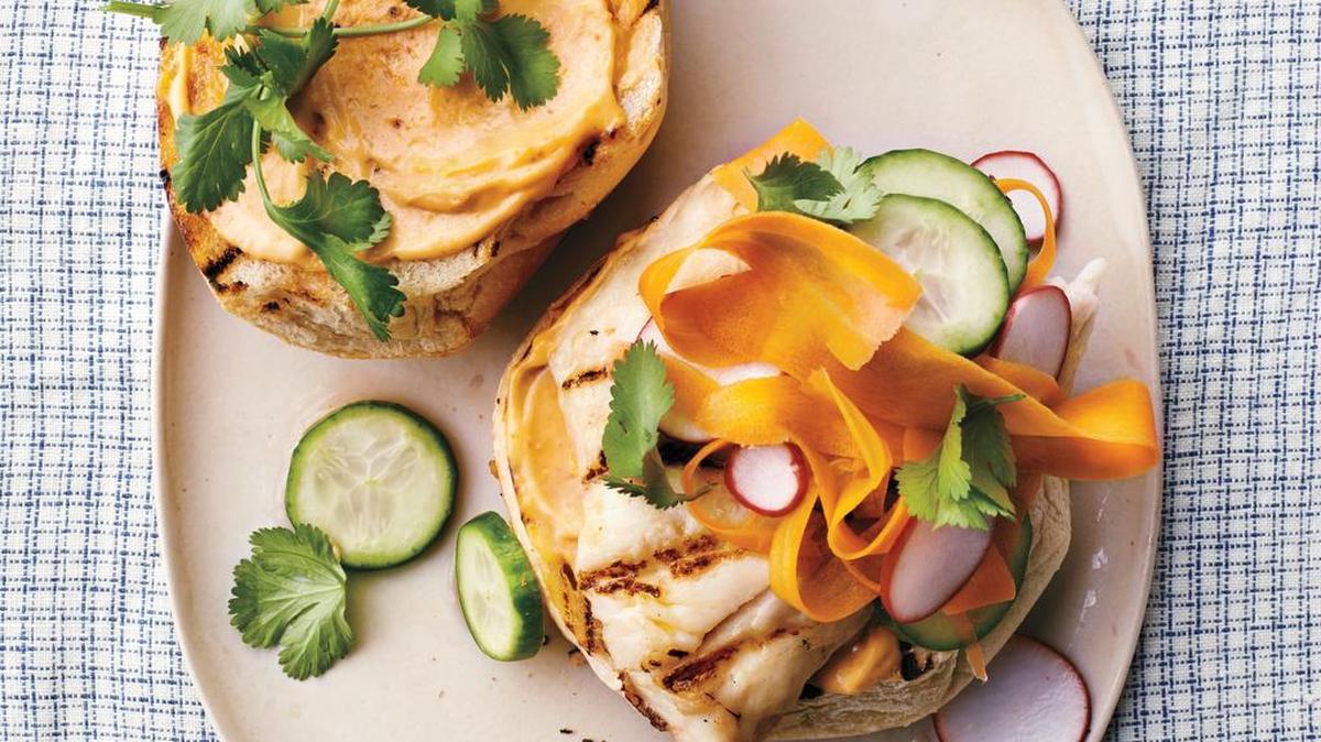 
Grilled Snapper Sandwich With Pickled Vegetables: For lunch or dinner, this meal has a fresh flavor and it's easy to pull together in a snap. 

