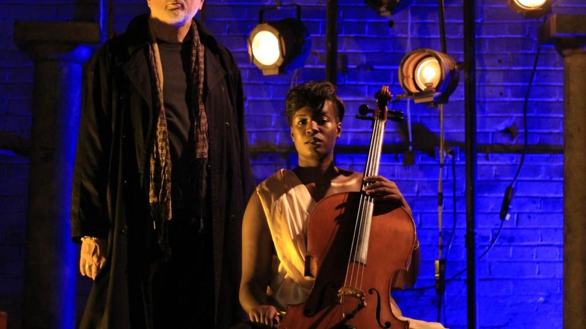 Actor Jim Covault and cellist Jordan Jones Cleaver in “An Iliad”
