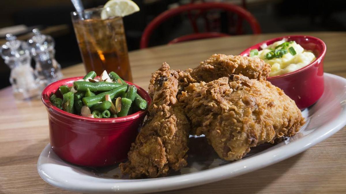 Grandma's fried chicken with mashed potatoes and green beans at Little Red Wasp in downtown Fort Worth