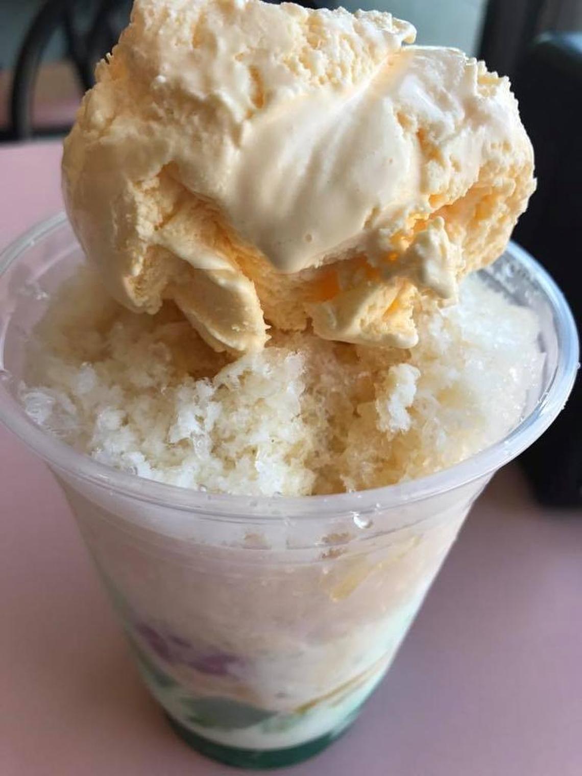 Halo-halo, a Filipino dessert with shaved ice, sweetened milk, red beans, white beans, jackfruit, coconut, gulaman, topped with mango ice cream at Shojimoto in Arlington