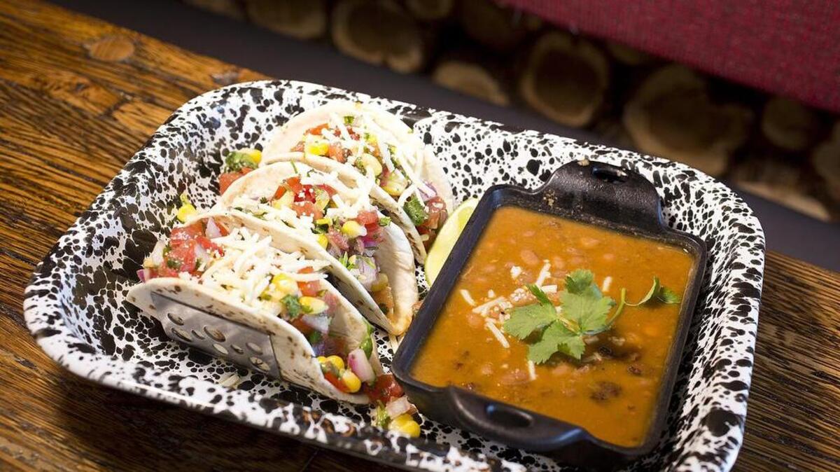 Smoked brisket tacos with charro beans at Drake's Yoke Wood & Wine in Willow Park