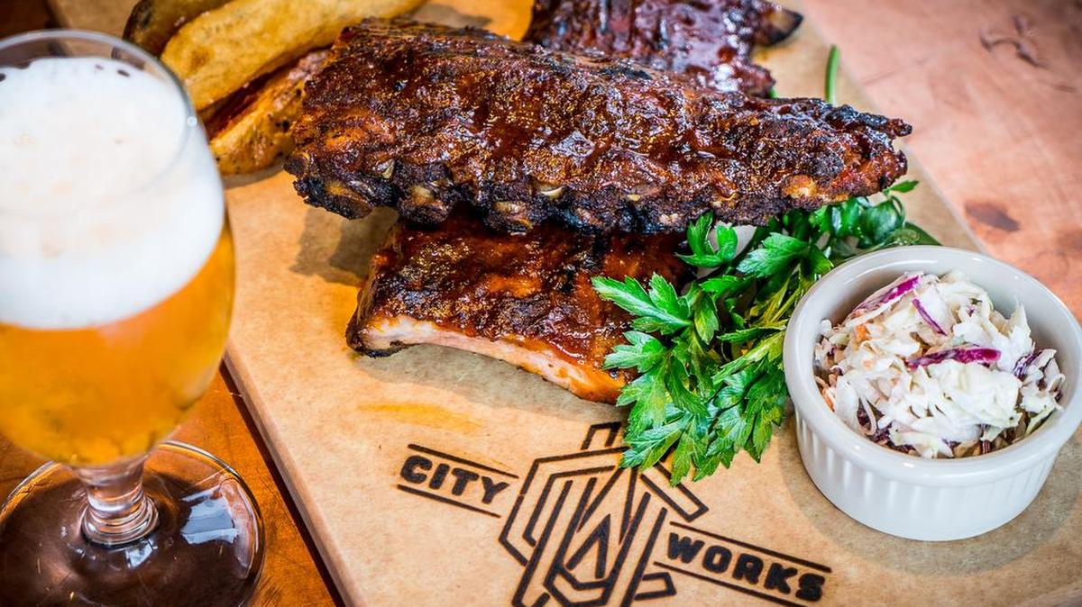 Smoked BBQ ribs at City Works Eatery and Pour House