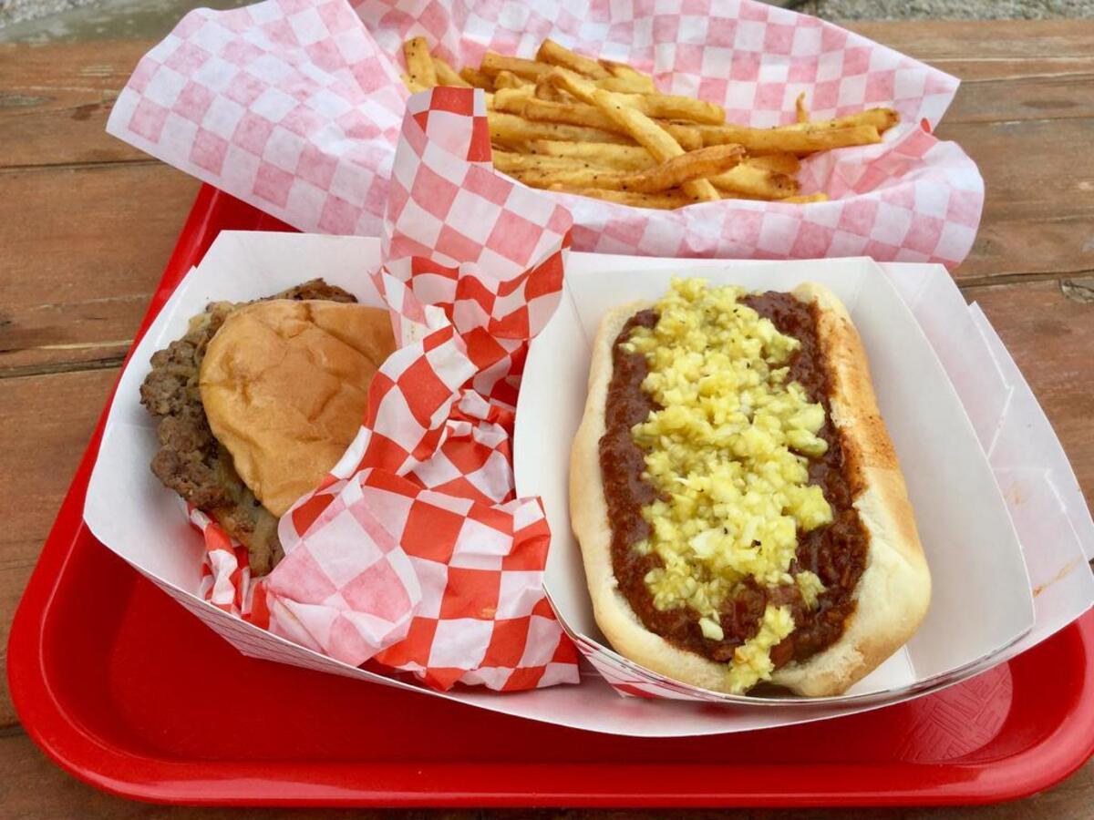 Burger, Coney and fries at Hookers Grill in Fort Worh