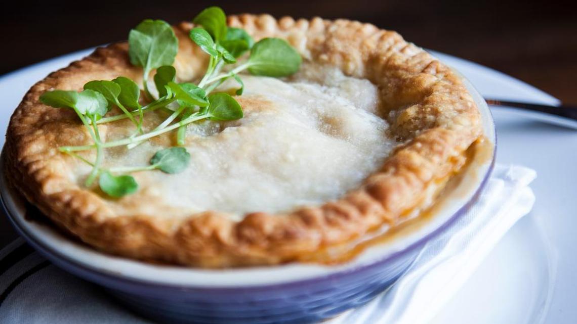 Fixe’s lobster and crawfish potpie is made with Maine lobster, Louisiana crawfish, mushrooms and sweet corn bechamel.