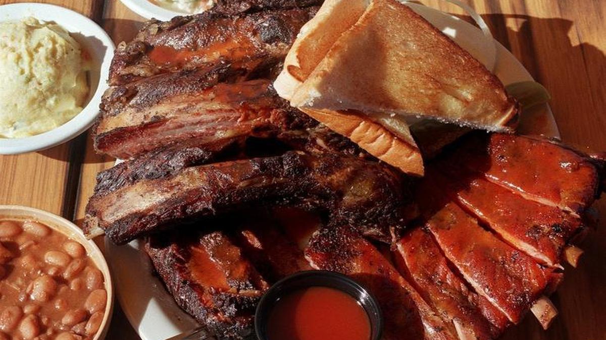 Riscky’s combo dinner: pork ribs, beef ribs and brisket.