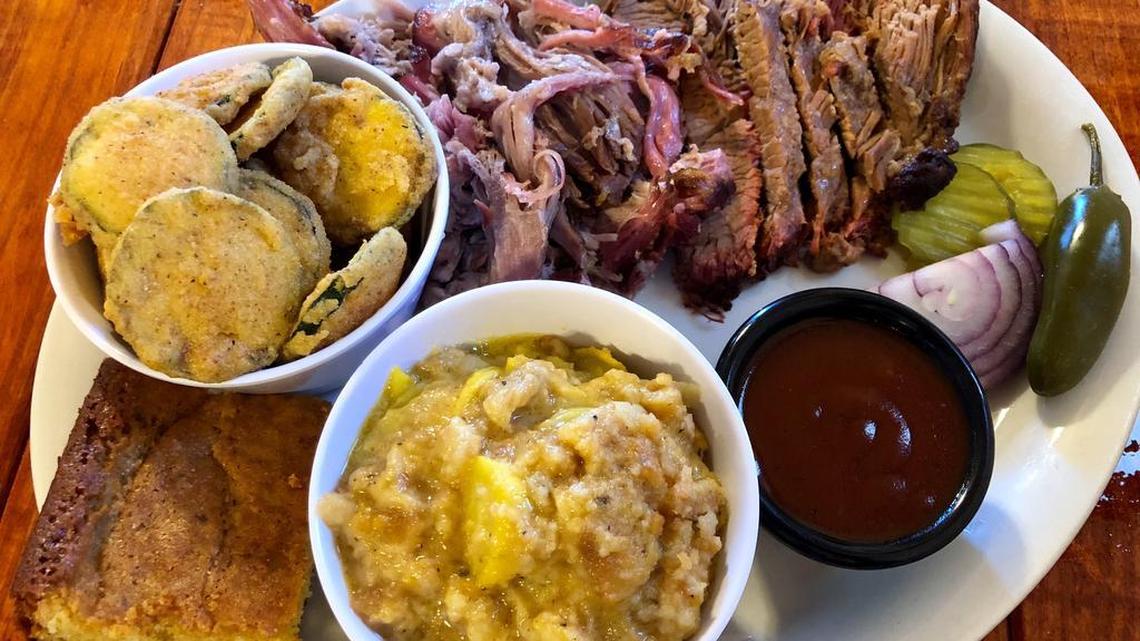 Brisket, pulled pork, squash casserole and fried zucchini at Lady & the Pit.