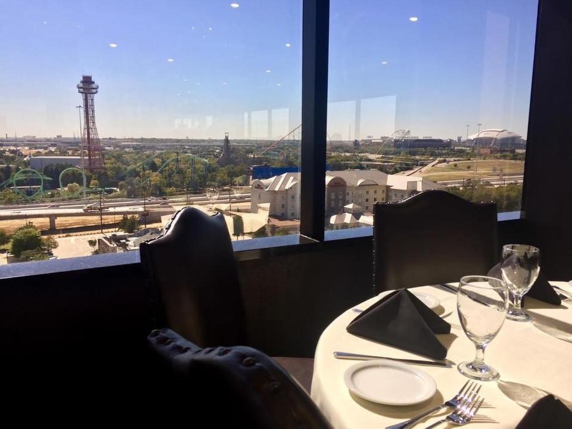 Mercury Chophouse’s ninth-floor view overlooks Six Flags Over Texas, AT&T Stadium -- visible at far right -- and Globe Life Park.