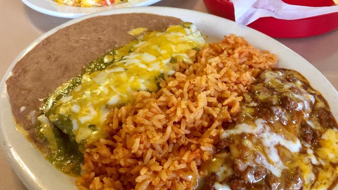 A combination plate with a tamal, a green chicken enchilada and a taco at Cardona Foods Cafe.