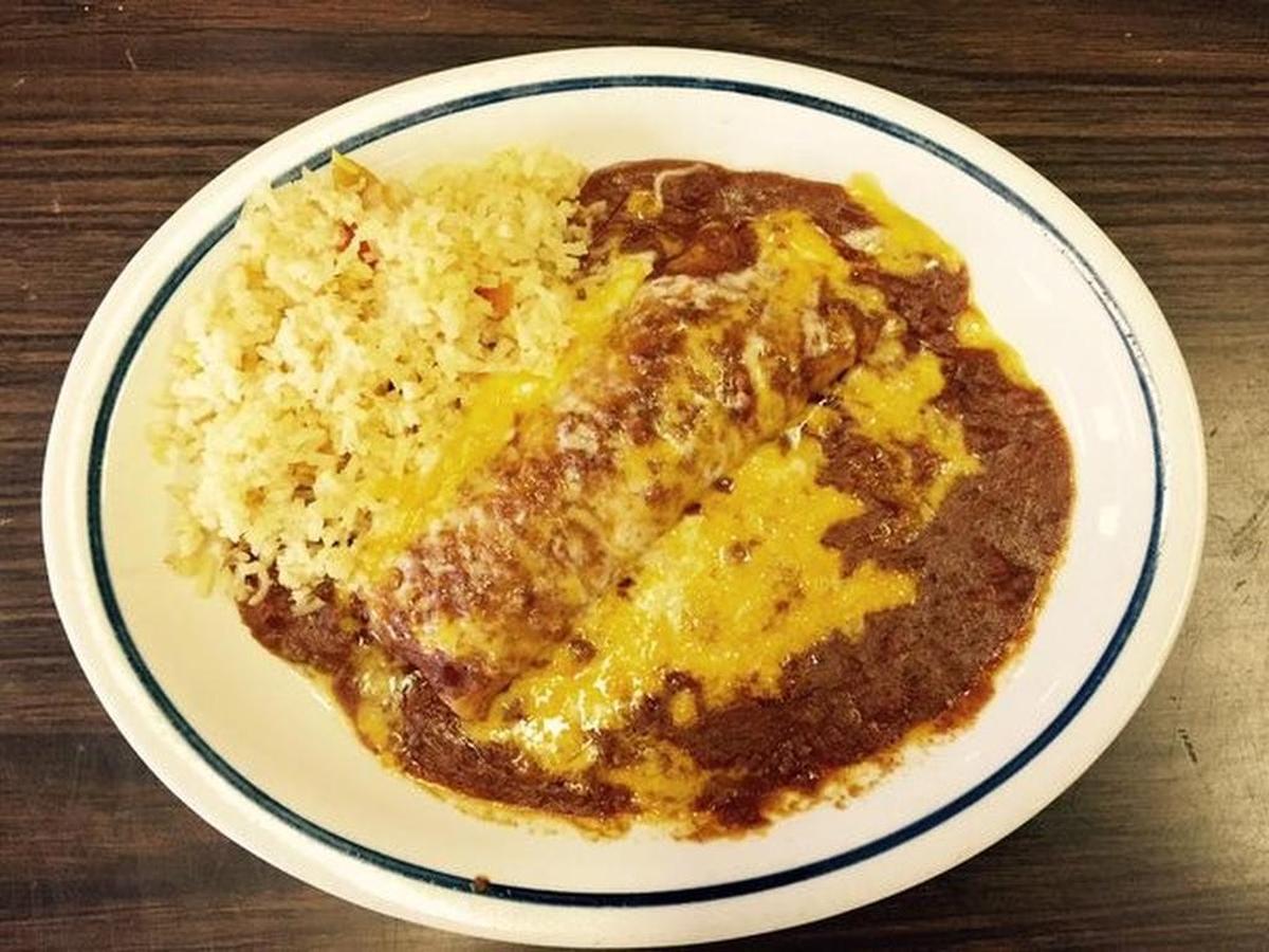 An enchilada plate at Jesús BBQ Family Restaurant, a landmark in South Main Village.