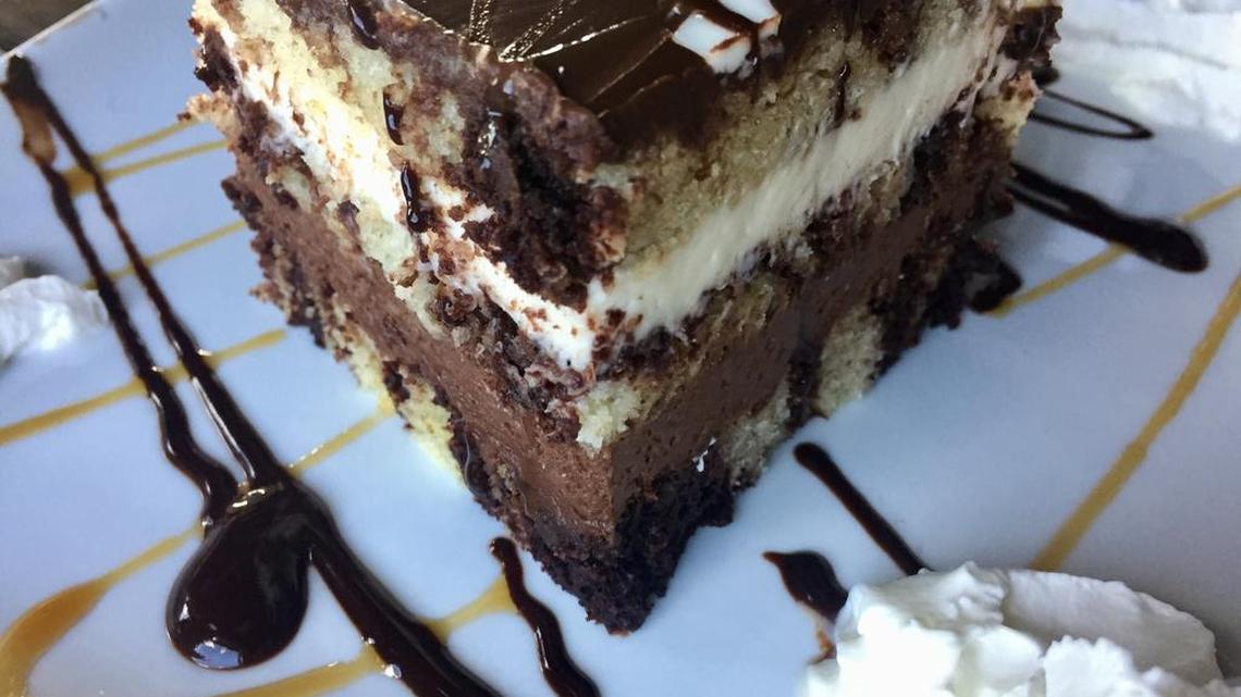 The multilayer “tuxedo cake” at Benjamin’s Pizza Kitchen in Roanoke.