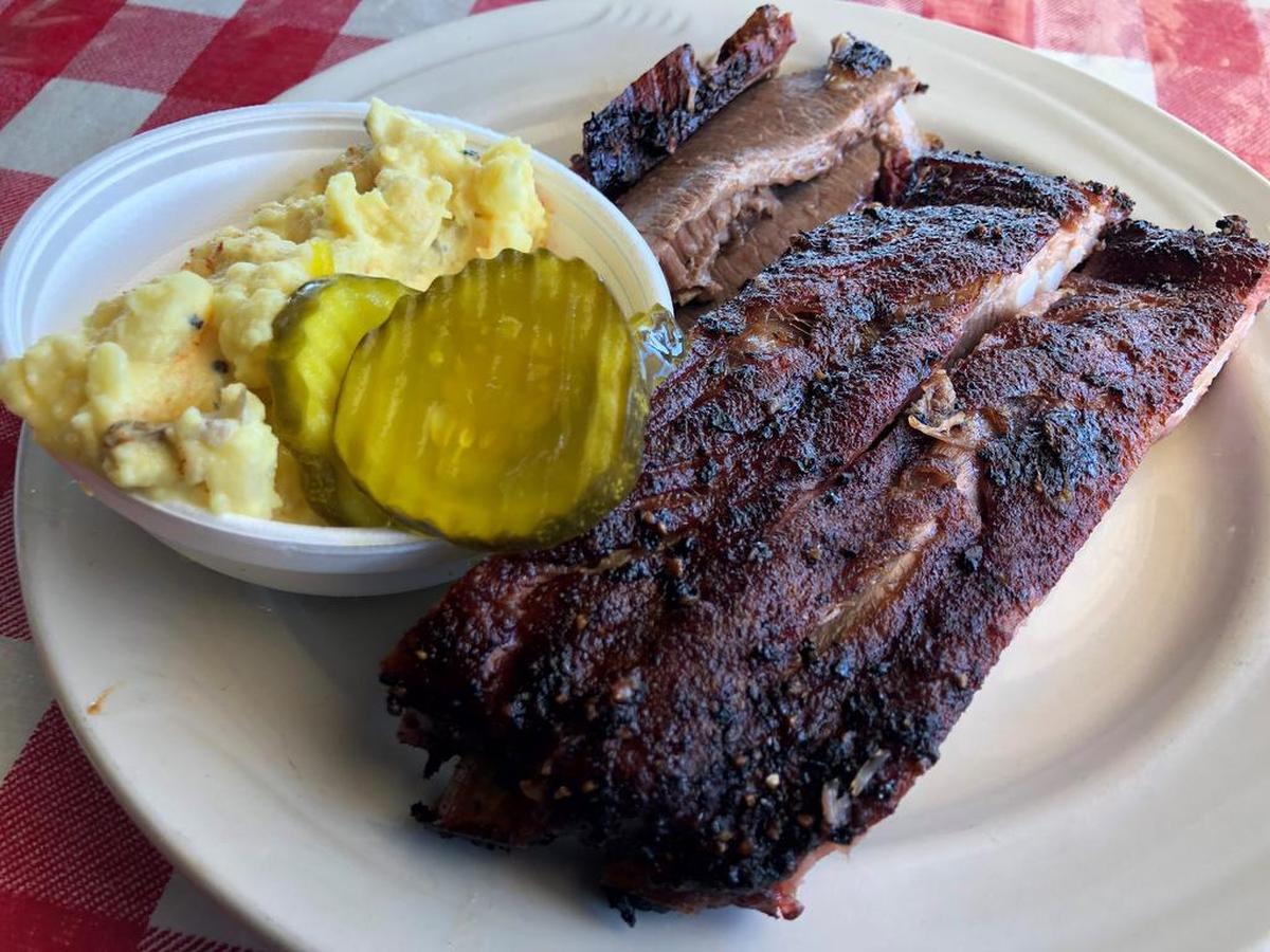 Ribs, brisket, potato salad and those pickles at Smokey’s BBQ on East Lancaster Avenue.
