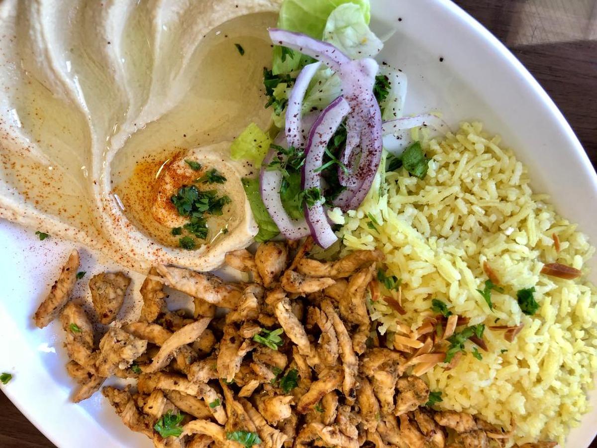 Chicken shawarma with hummus at Aladdin Cafe between Fort Worth and Crowley.