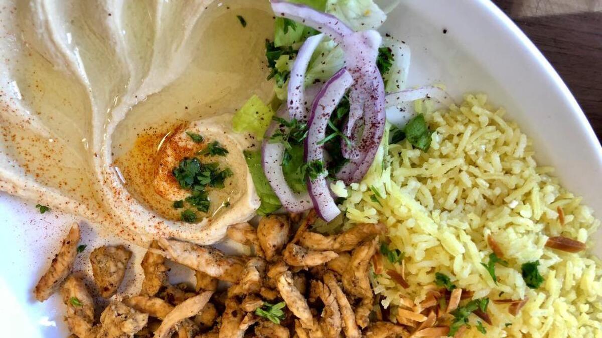 Chicken shawarma with hummus at Aladdin Cafe near Crowley.