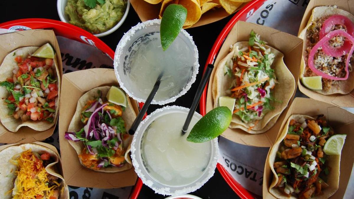 An assortment of R Taco menu items, including margaritas, guacamole and, well, tacos.
