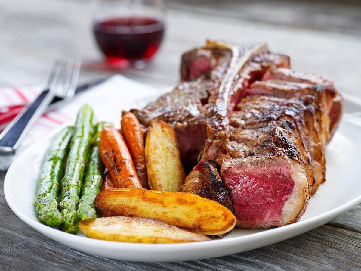 Porterhouse for 2 with fingerling potatoes and asparagus from B&B Butchers