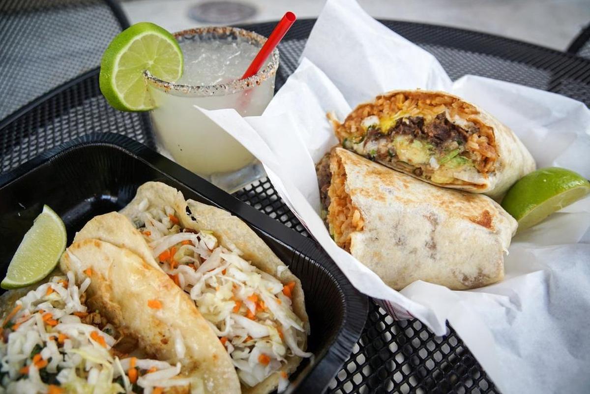 A Salsa Limón burrito, tacos and margarita.