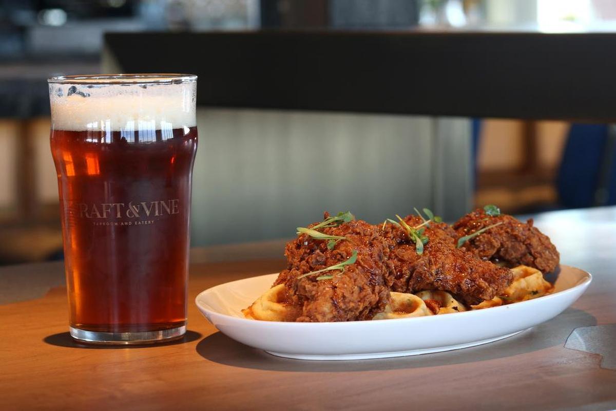 Deep Ellum Dream Crusher and chicken and waffles from Craft & Vine in Roanoke.