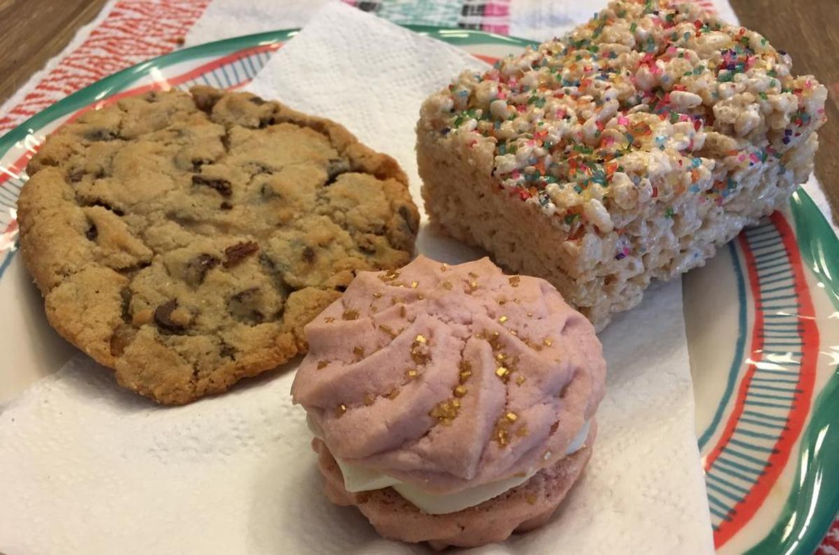Chocolate-chip cookie, Sparkle sandwich cookie (two shortbread-style cookies with icing in between) and a Rice Krispies treat from Hurley House in Fort Worth