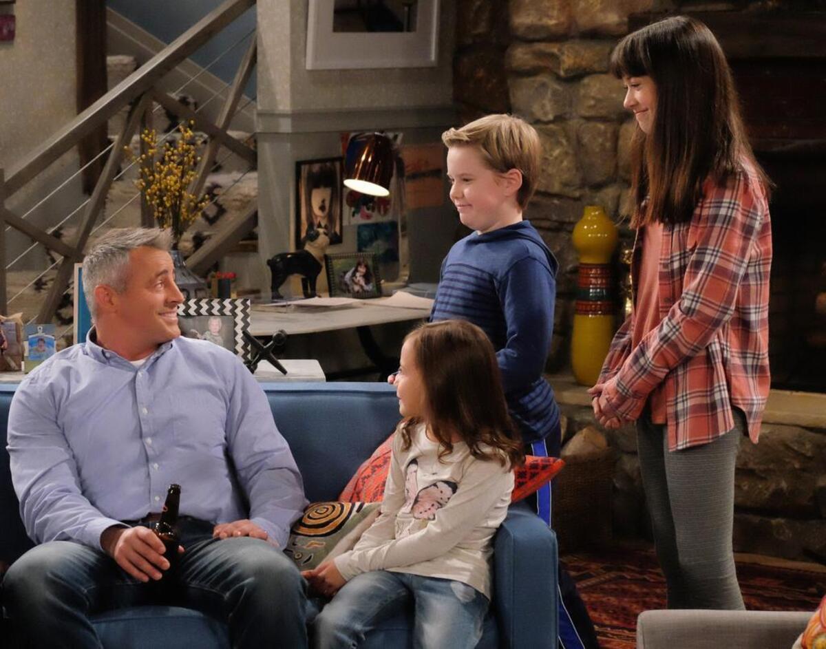 Hala Finley, seated right, appeared in all four seasons of “Man With a Plan,” which starred Matt LeBlanc, left, with Matthew McCann and Grace Kaufman.
