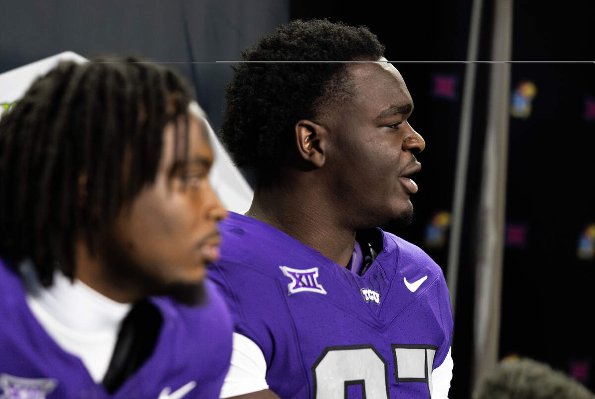 TCU defensive end Paul Oyewale speaks during Big 12 media days Wednesday, July 8, 2026, at The Star in Frisco.