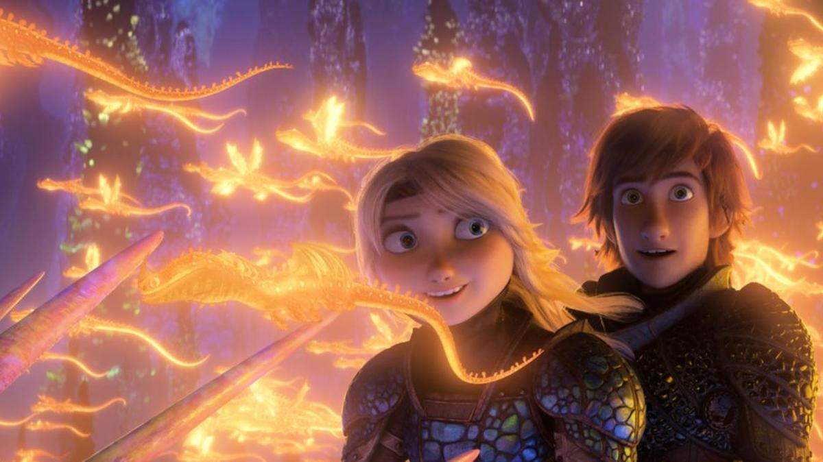 Hiccup y Astrid en una escena de la película animada “How to Train Your Dragon: The Hidden World.”