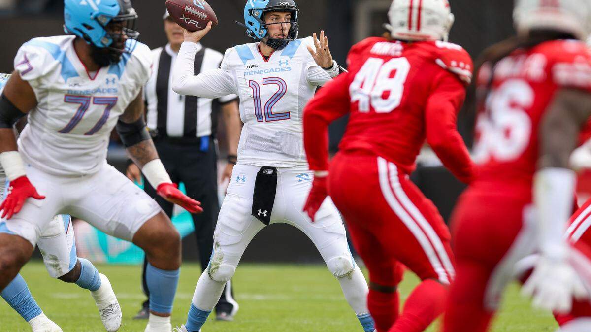 Arlington Renegades quarterback Luis Perez throws against the D.C. Defenders during the Renegades’ overtime loss.