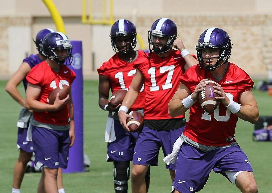 Michael Collins (QB, 10) during drills as the TCU Horned Frogs hold their first regular preseason practice in Fort Worth, Saturday, August 4, 2018.