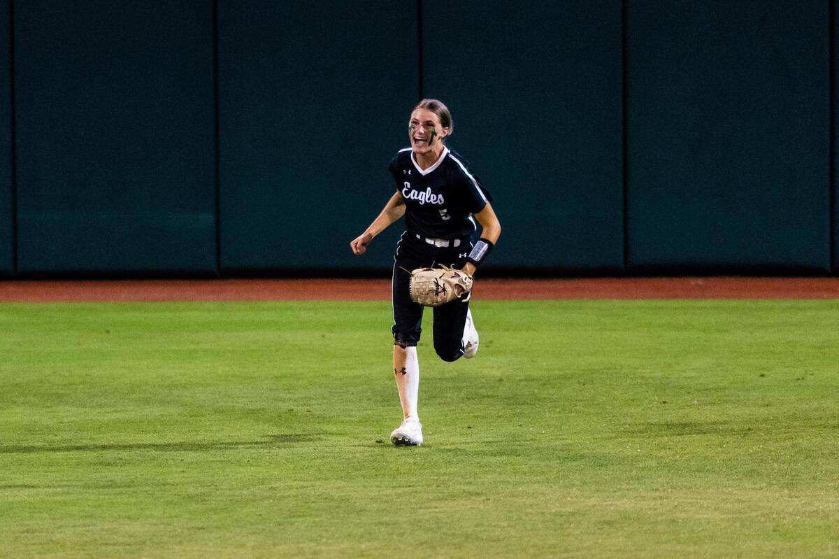 Tia Warsop after catching the final out during the 6A UIL State Softball semifinal between Lake ridge and Deer Park in Austin Texas, on June 3rd, 2021.