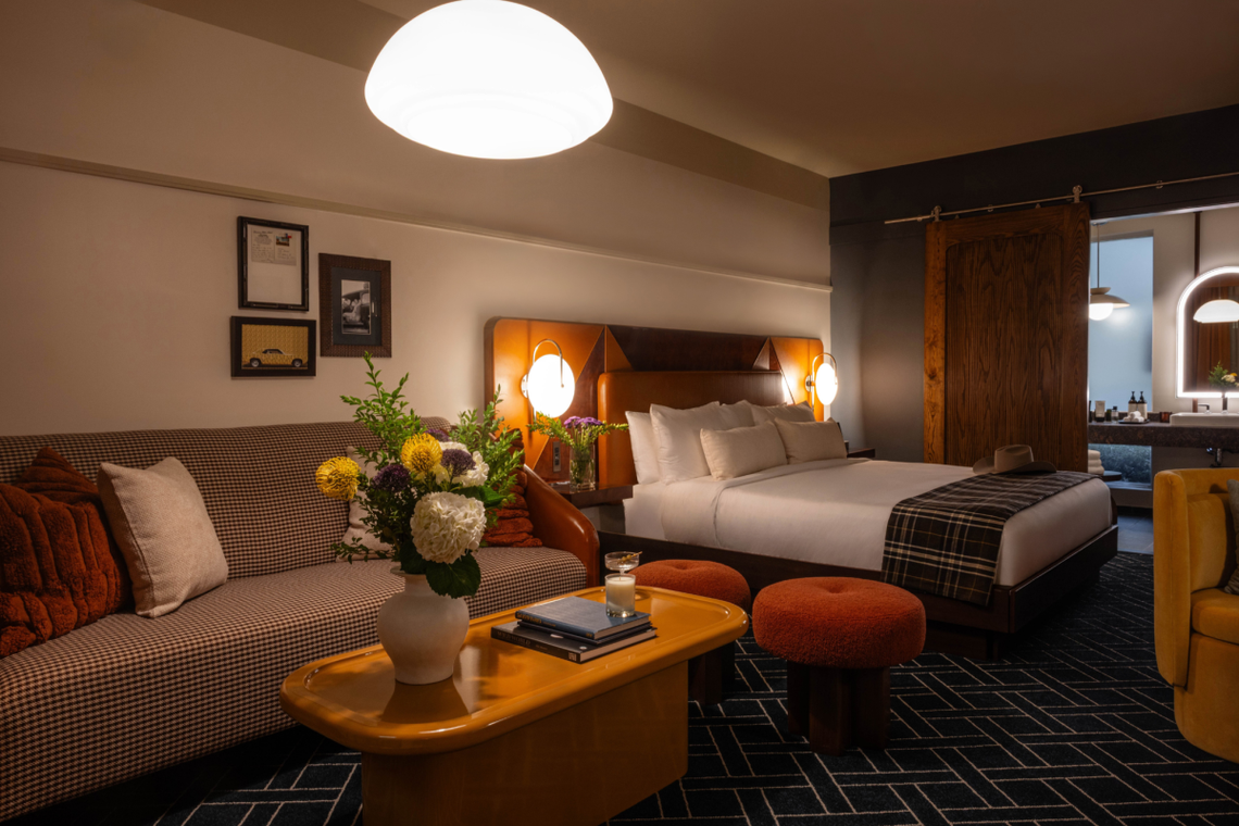 The guest rooms at the Caravan Court Hotel in Arlington have an “Americana” nostalgia, including design cues that are reminiscent of the automobile showrooms that once lined Division Street.