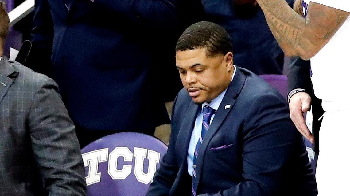 TCU assistant coach Corey Barker on the bench in the second half of a NCAA college basketball game at Schollmaier Arena in Fort Worth, Texas, Monday, Mar. 04, 2019. Kansas State Wildcats defeated the TCU Horned Frogs 64-52. (Star-Telegram Bob Booth)
