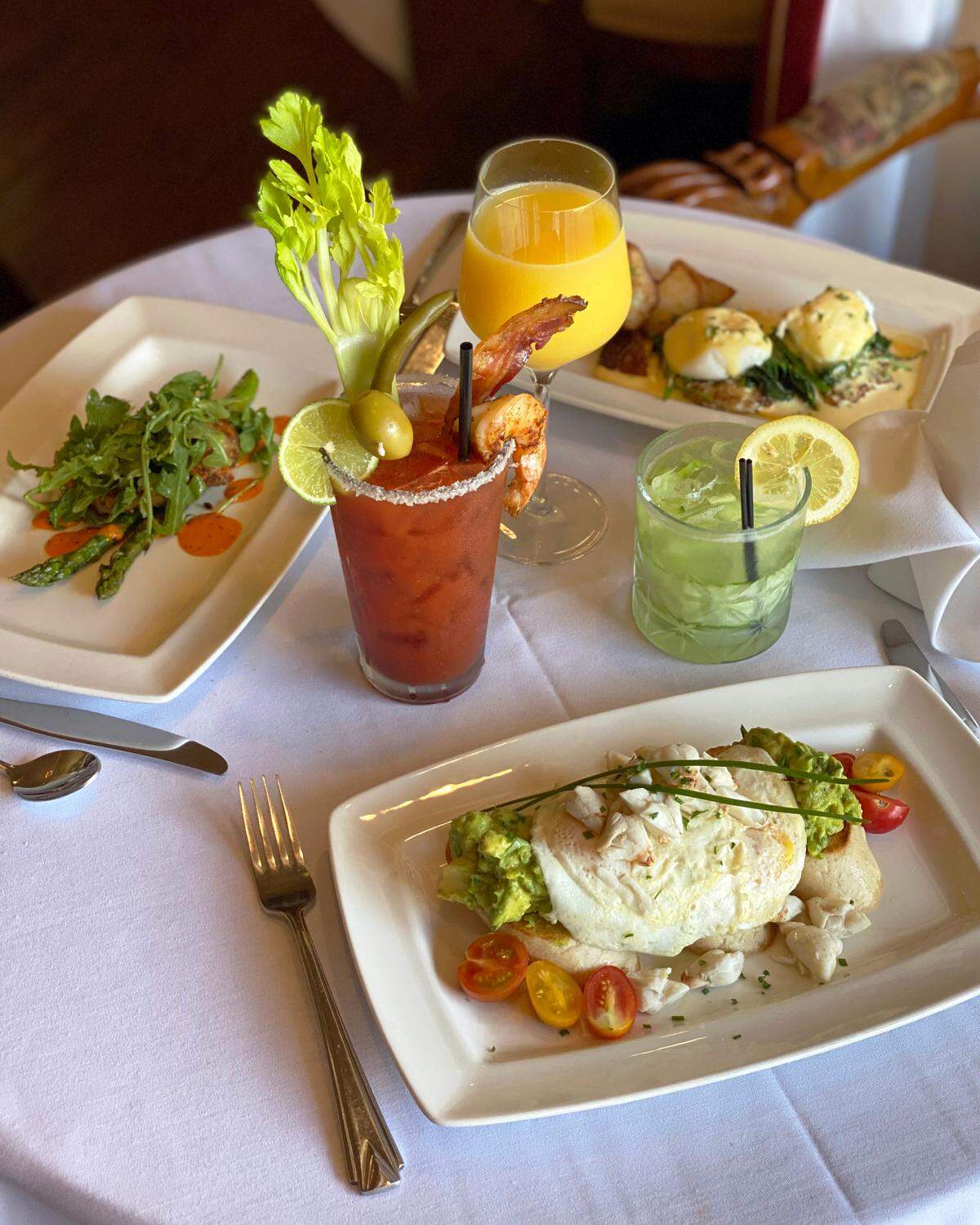 Avocado toast with a bloody mary, mimosa and the cucumber patch cocktail, from the Restaurant506 at The Sanford House’s brunch menu.