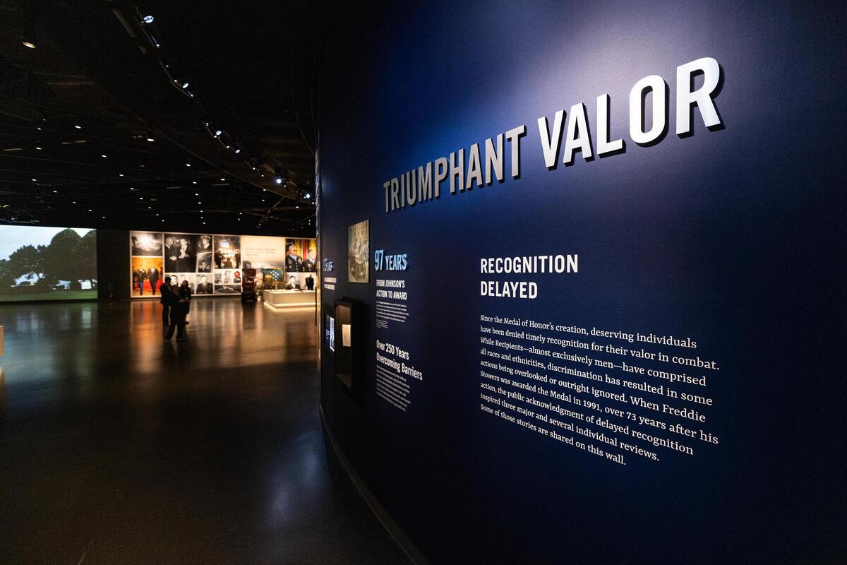 The Triumphant Valor exhibit recognizes the history of discrimination and delayed recognition for individuals who were worthy of the Medal of Honor earlier in their lives, but did not receive it due to race and ethnicity.